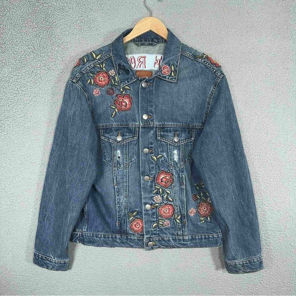 Zara Blue Denim Jacket with Red Floral Embroidery L